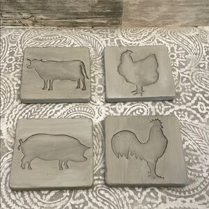 Pier 1 Imports Farm Animal Gray Coasters Set 4 cow chicken pig‎ rooster